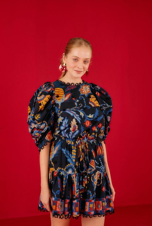 FARM Rio Dresses & Skirts - FARM RIO Women Sunset Tapestry Black Puffer Sleeve Mini Dress size M